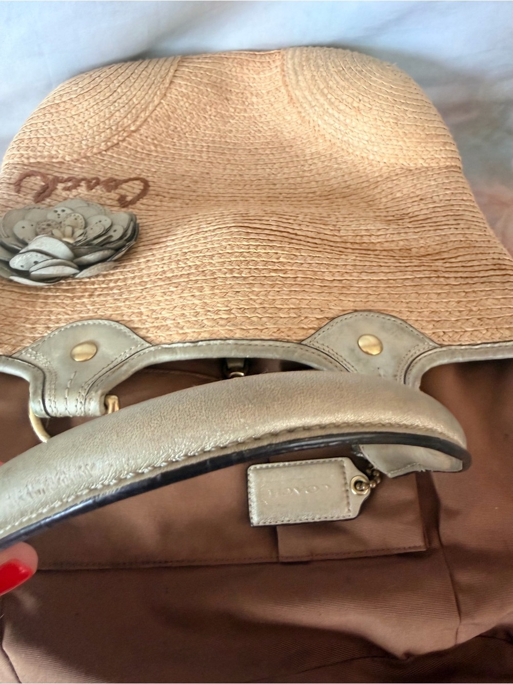 Coach Beige Straw Tote with Leather Handles and Floral Appliqué - Picture 8 of 8